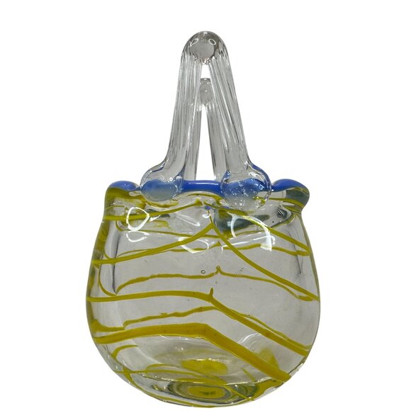 Vintage Handblown Art Glass MINI Basket Purse Blue & Yellow Swirls 2 Inch Decor - Picture 6 of 11